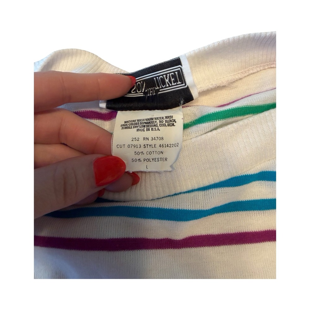 Vintage The Season Ticket Rainbow Stripe Short Sleeve Knit Top White Large USA - Picture 3 of 4